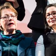 Feministiskt Initiativs valkonferens och extra kongress på Moriskan i Malmö. Partiets två partiledare Gudrun Schyman och Gita Nabavi. 