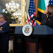 Tanzanian President Samia Suluhu Hassan i ett möte med Harris i Washington i december. 