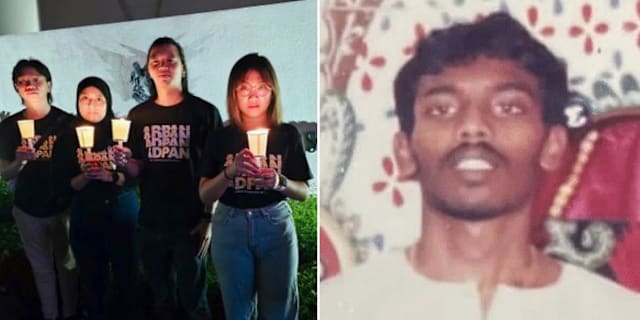 Demonstranter utanför Singapores ambassad i Malaysia samt en bild på Tangaraju Suppiah. AP / Transformative Justice Collective