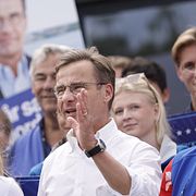 Ulf Kristersson (M)  håller en pressträff i Hyllie i Malmö.