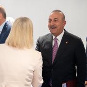 Cavusoglu och president Erdogan tillsammans med Sveriges dåvarande utrikesminister Ann Linde (S) och statsminister Magdalena Andersson (S) i juni. 