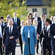 Tysklands Olaf Scholz, Danmarks statsminister Mette Frederiksen, statsminister Ulf Kristersson och Norges statsminister Jonas Gahr Støre efter måndagens pressträff på Skeppsholmen i Stockholm.