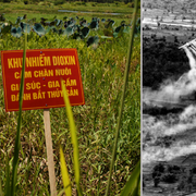 Varningsskylt på ett fält där Agent Orange använts/Användning av Agent Orange under Vietnamkriget.