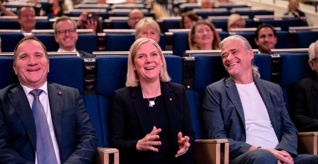 Stefan Löfven, Magdalena Andersson och Richard Friberg på S-kongressen.  Björn Larsson Rosvall/TT / TT NYHETSBYRÅN