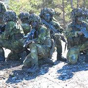 Amfibiesoldater övar anfall under militärövningen Aurora 23 där svenska amfibiesoldater samarbetar med Royal Marines på Korsö i Stockholms skärgård. 
