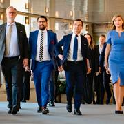 STOCKHOLM 20221014
Statsminister Ulf Kristersson (M), Sverigedemokraternas partiledare Jimmie Åkesson, Kristdemokraternas partiledare Ebba Busch och Liberalernas partiledare Johan Pehrson.