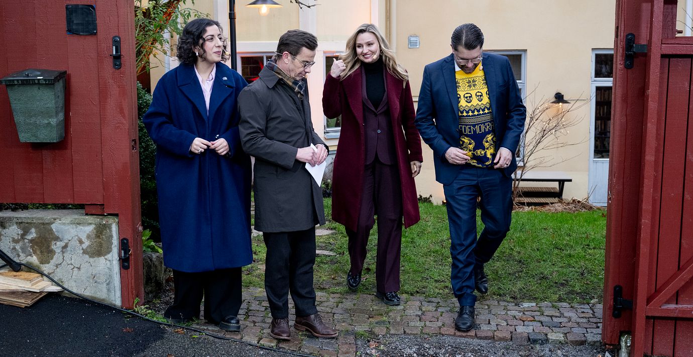 Partiledarna för de fyra Tidöpartierna, Simona Mohamsson, Ulf Kristersson, Ebba Busch och Jimmie Åkesson. 