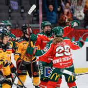 Frölundas Nathalie Lidman jublar efter att ha gjort mål under damerna SM-slutspel, final 3 i bäst av 5, mellan Frölunda HC och Luleå HF i Scandinavium.