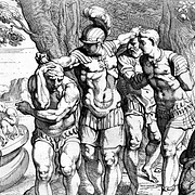 Odysseus leder sina förtappade män tillbaka till båtarna i håret. Fransk gravering från 1700-talet.