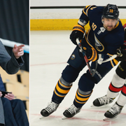 Patrik Berglund på läktaren under en hockeyallsvensk match i år/Berglund på isen med Buffalo tidigare i år. 