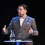 Sverigedemokraternas partiledare Jimmie Åkesson (SD) under Sveriges Radios slutdebatt med partiledarna på Kulturhuset Stadsteatern i Stockholm.