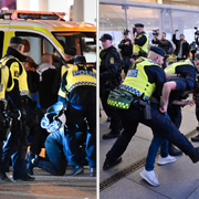 Polispådrag i Malmö. Till vänster förs Greta Thunberg bort av polis. 
