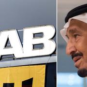 Saab-logo, Saudiarabiens kung Salman bin Abdulaziz Al Saud, till vars land Saab sålt krigsmateriel. Arkivbilder.