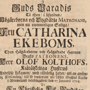 Faksimil från förstasidan till likpredikan över Catharina Ekebom från 1725, som finns i Skoklosters slotts bibliotek (bilden till höger). 