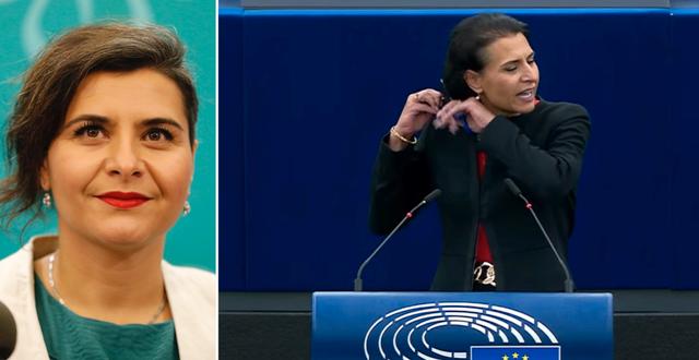 Abir Al-Sahlani och bild på när hon klipper av sig håret i EU-parlamentet. TT