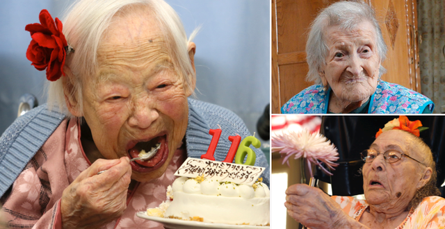 Misao Okawa (till vänster) tackade ”utsökta” måltider för sin höga ålder medan Emma Morano (uppe till höger) åt tre ägg om dagen. 116-åriga Gertrude Weaver tackade i stället sin snällhet. TT