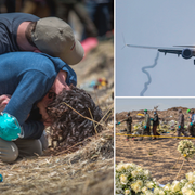 Sörjande människor och ett Boeing 737 Max-plan i luften.