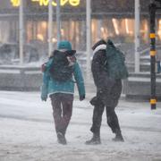 Människor i snöstormen i Stockholm på onsdagen. 