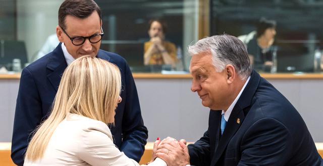 Viktor Orbán och Italiens premiärminister Giorgia Meloni i samband med EU-toppmötet. Geert Vanden Wijngaert / AP