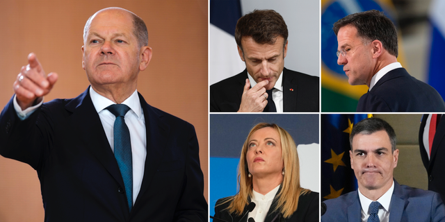 Tysklands förbundskansler Olaf Scholz samt ledarna för Frankrike, Italien, Nederländerna och Spanien. TT