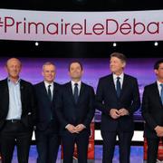 Kandidaterna i den franska vänsterns primärval (fr vänster) Arnaud Montebourg, Jean-Luc Bennahmias, Francois de Rugy, Benoit Hamon, Vincent Peillon, Manuel Valls och Sylvia Pinel