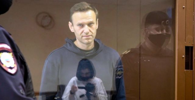 Stillbild från en film från domstolen visar Navalnyj på fredagen. TT NYHETSBYRÅN