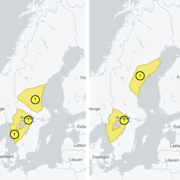 SMHI:s snövarningar i veckan. Sett från vänster: varningarna för tisdag, onsdag, torsdag och fredag. 