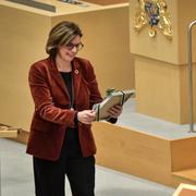 Isabella Lövin tar emot en present av SD-ledaren Jimmie Åkesson.