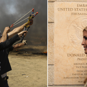 Bilder från måndagen: Gaza (t v), Ivanka Trump och Jared Kushner utanför USA:s ambassad (t h).