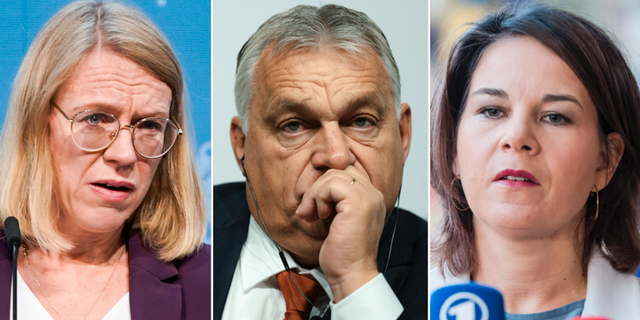 Anniken Huitfeldt, Viktor Orbán och Annalena Baerbock. TT