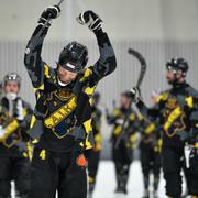 AIK:s Johan Willes jublar efter seger med 11-3 i fredagens bandymatch mellan AIK och Hammarby IF.