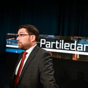 Sverigedemokraternas partiledare Jimmie Åkesson (SD) efter partiledardebatten i Agenda.