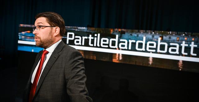 Sverigedemokraternas partiledare Jimmie Åkesson (SD) efter partiledardebatten i Agenda. Pontus Lundahl/TT