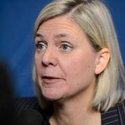 Magdalena Andersson på dagens presskonferens.