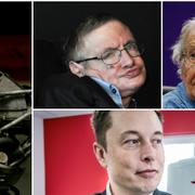 Robot från sci fi-filmen Terminator Salvation, Stephen Hawking, Noam Chomsky och Elon Musk.