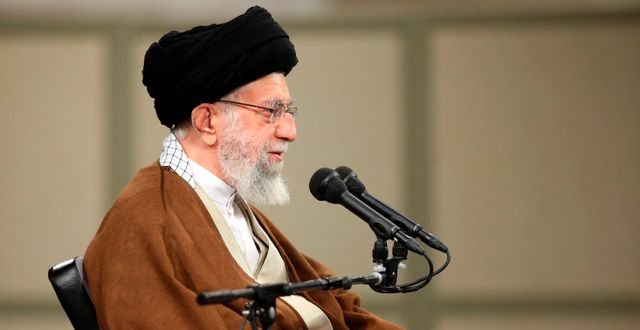 Ayatollah Ali Khamenei håller ett tal inför Baij-milisen i Teheran, 26 november. AP