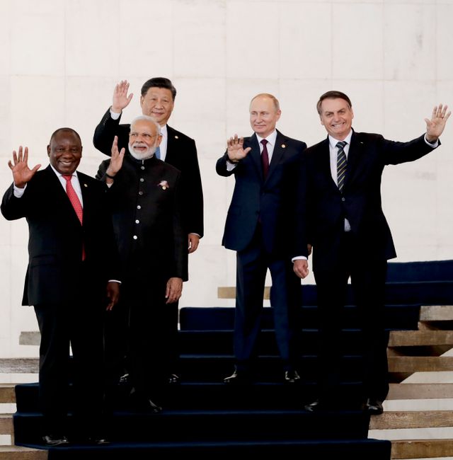 The leaders of the BRICS emerging economies South Africa, India, China, Russia and Brazil: Increasing prosperity doesn't necessarily translate into increased democracy. Eraldo Peres / AP