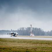 Ett Jas Gripen-plan på Skaraborgs flygflottilj F7 i Såtenäs. Arkivbild. 