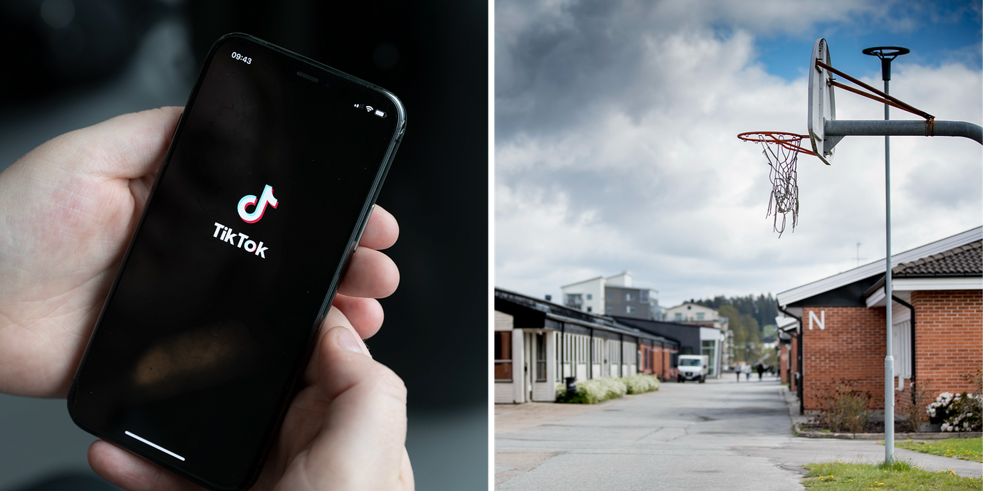Mobiltelefon med  Tiktok/genrebild på skolgård