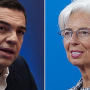 Alexis Tsipras vid gårdagens pressträff, IMF-chefen Christine Lagarde.