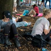 Festivaldeltagare tar igen sig i skuggan i Chicagos Grant Park.