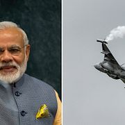 Till vänster, Indiens premiärminister Narendra Modi och Saab Gripen