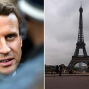 Emmanuel Macron/Polis patrullerar intill Eiffeltornet i Paris