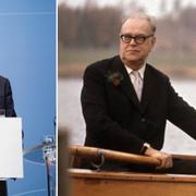 Stefan Löfven på torsdagens presskonferens (tv). Tage Erlander i Harpsundsekan (till höger).