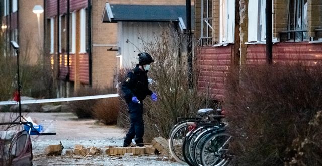 Polisens kriminaltekniker undersöker den skadade entrén till ett flerfamiljshus i Höganäs. Johan Nilsson/TT / TT NYHETSBYRÅN