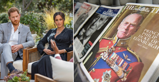 Prins Harry och Meghan Markle i den uppmärksammade intervjun med Oprah Winfrey/löpsedlar och magasin efter prins Philips död. TT