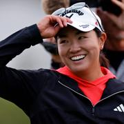 Rose Zhang reacts after winning the Mizuho Americas Open golf tournament on a second playoff hole, Sunday, June 4, 2023, in Jersey City, N.J. (AP Photo/Adam Hunger)  NJAH131