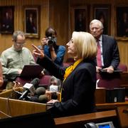 Ordförande för Arizonas senat, Karen Fann, under en presskonferens gällande valresultatet.