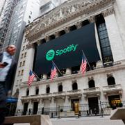  A Spotify banner adorns the facade of the New York Stock Exchange, Tuesday, April 3, 2018.