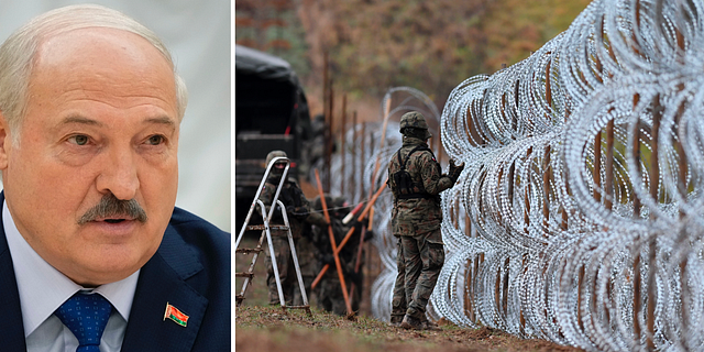 Belarus president Alexandr Lukasjenko och en bild av en grännsupprustning i Polen. Michal Kosc /AP, Alexander Zemlianichenko /AP